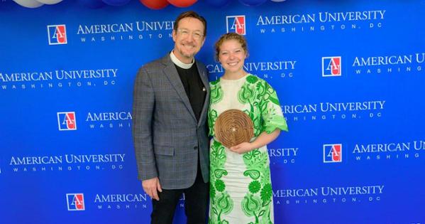From right, University Chaplain Bryant Oskvig with Caroline Routh, SIS/BA '23, winner of the Kay Spiritual Life Center Leadership Award. Photo by Jeff Watts.